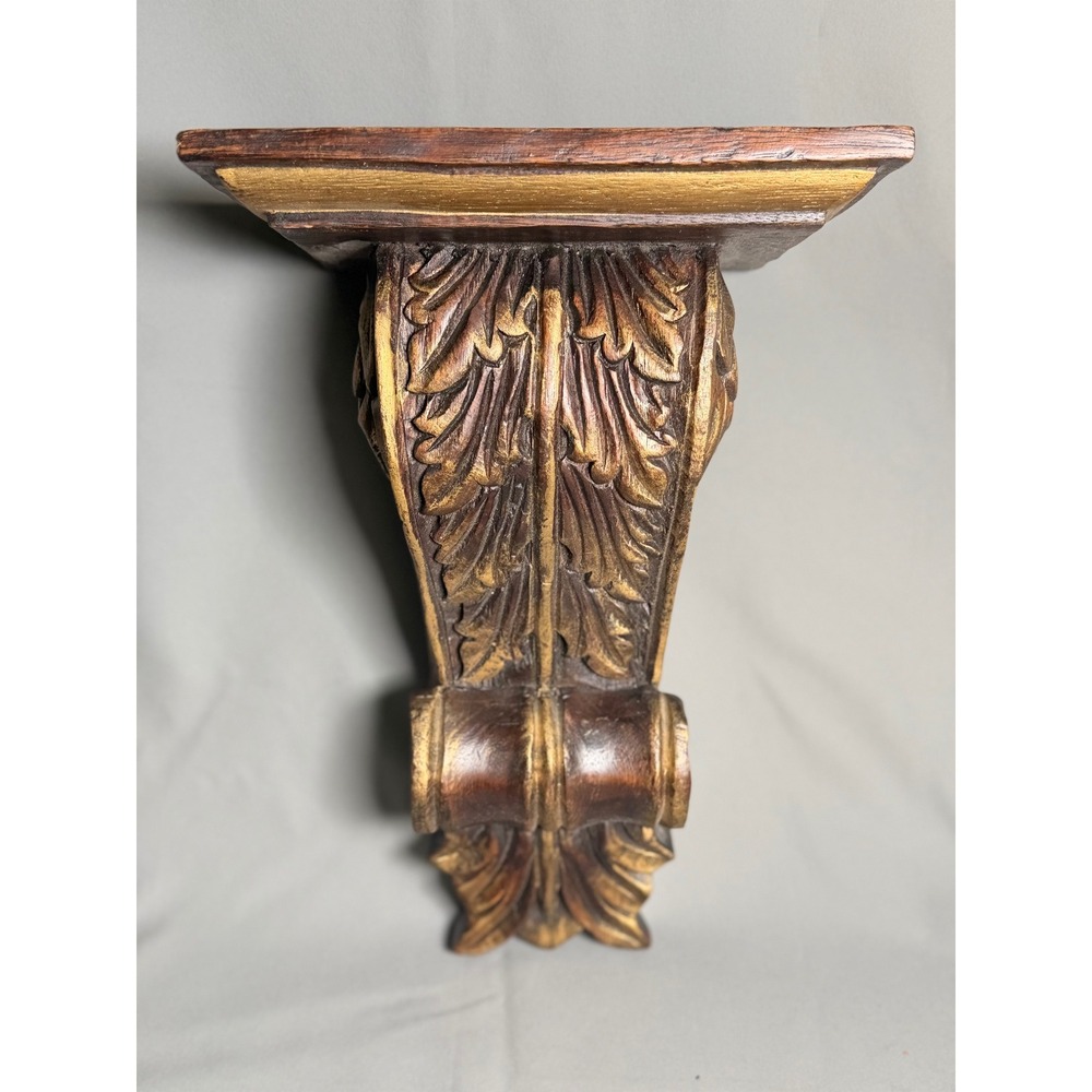 Vintage Carved Wood Wall Corbel Floating Shelf Gold Gilt Acanthus Leaf 12.5 Inch